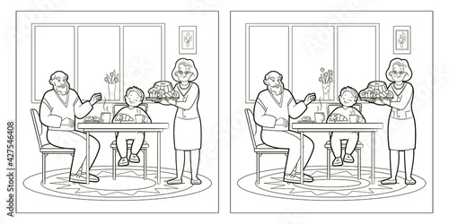 Grandparents are drinking tea with their grandson. Find 10 differences. Educational coloring book is a game for children. Black and white vector line art illustration