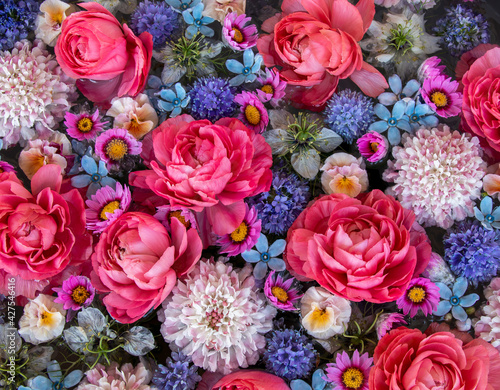 Flower arrangement of Nigella, Ranunculus, Scabiosa, Oxypetalum coeruleum, Viola. Pink, blue, purple and white flowers floating on the water.