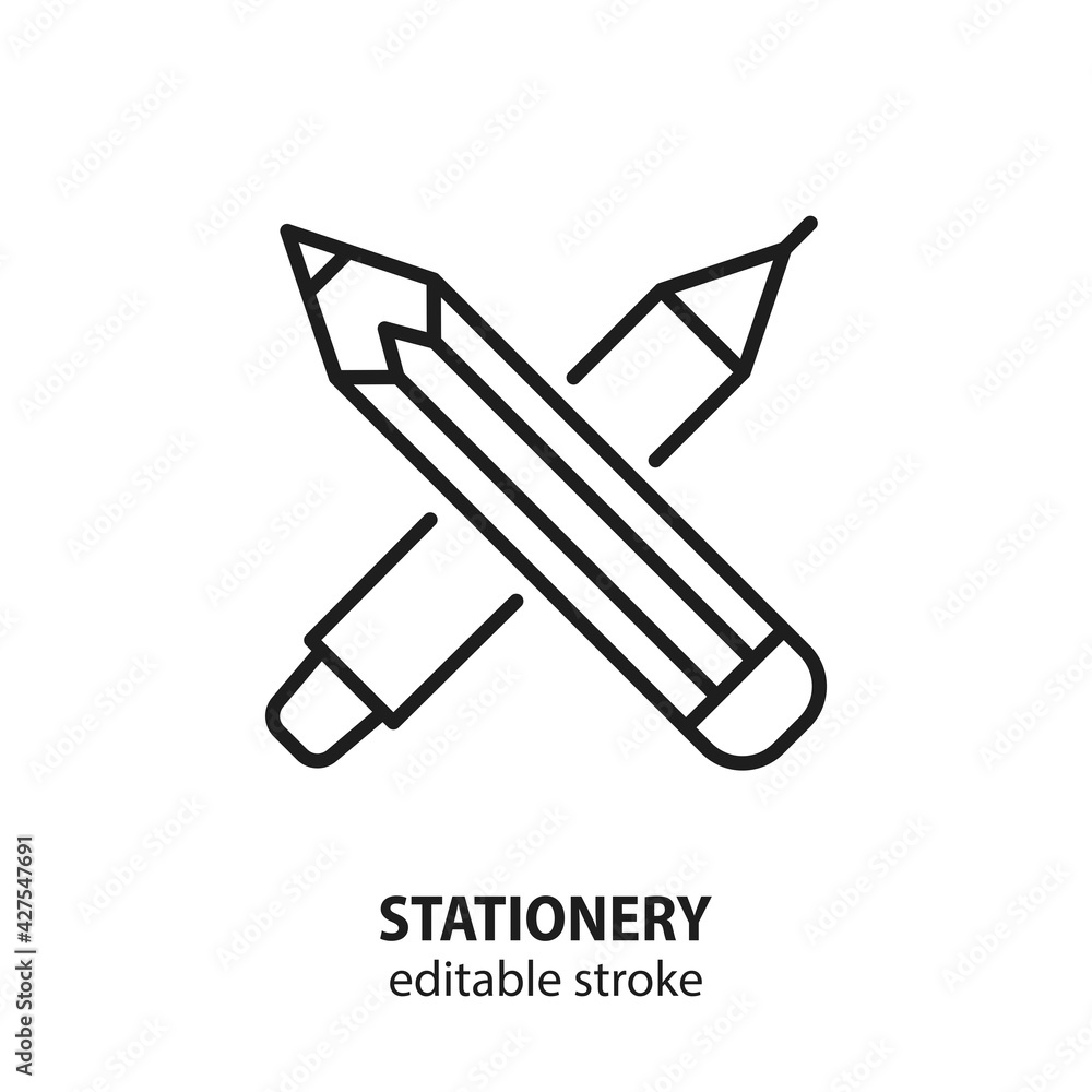 Stationery line icon. Vector sign of graphic design and creativity. Pen and pencil symbol. Education pictogram. School tools. Editable stroke. Stationery line icon. Vector sign of graphic design and creativity. Pen and pencil symbol. Education pictogram. School tools. Editable stroke.