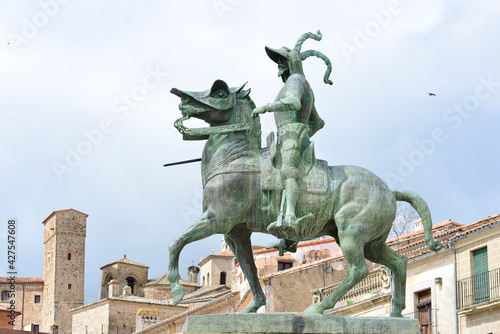 April 2, 2021 in Trujillo, Spain. Statue of Francisco Pizarro on horseback in the main square of Trujillo photo