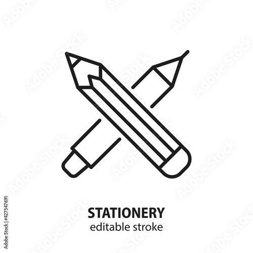 Stationery line icon. Vector sign of graphic design and creativity. Pen and pencil symbol. Education pictogram. School tools. Editable stroke.