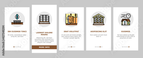 Timber Frame House Onboarding Mobile App Page Screen Vector. Pile Screw Foundation And Ecowool Insulation, Wooden And Steel Building Frame Illustrations