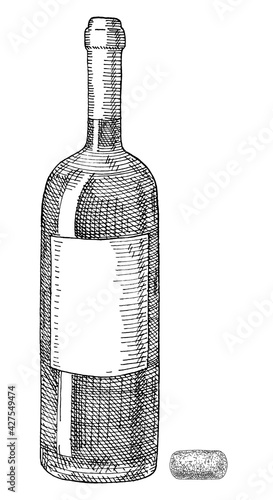 Wine glass bottle with clear label. Vintage hatching monochrome illustration.