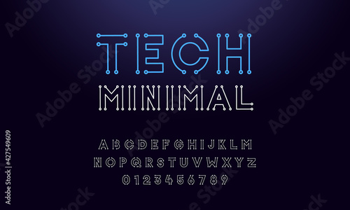 Minimal tech circuit font. Vector thin line digital typeface letters and numbers. Futuristic, technology and science, computer, sci-fi, gaming related subjects