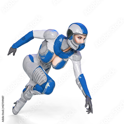 comic woman in a sci fi outfit in action side view