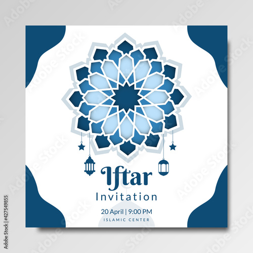 Ramadan mubarak background with Mosque,stars, moon, mandala, ornament, blue and white Paper cut style. Perfect for greeting card, banner, postcard, wallpaper. 