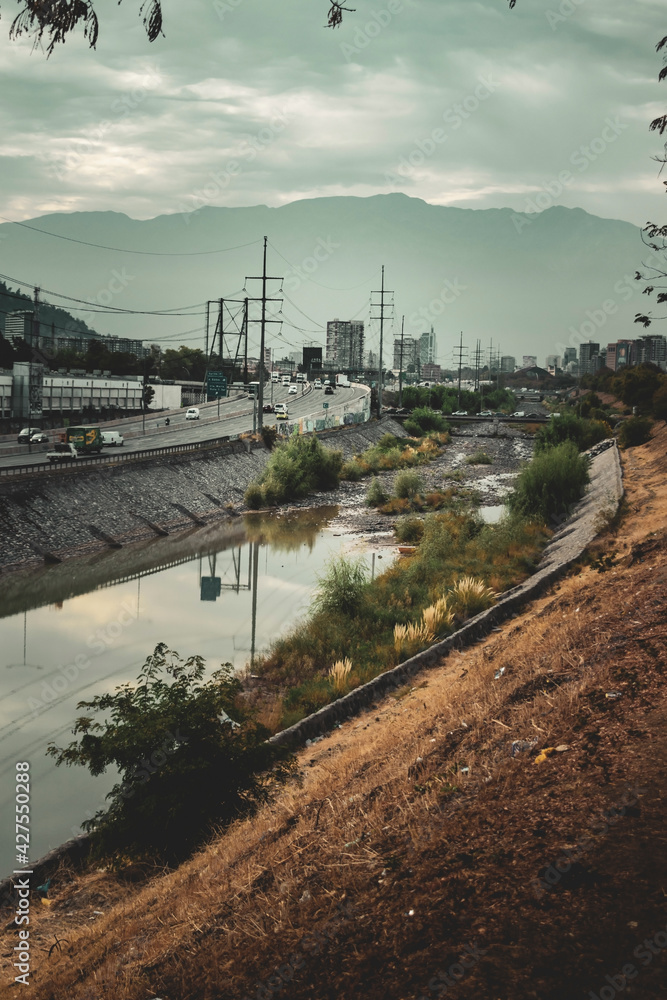 Buildings and highway in cloudy day