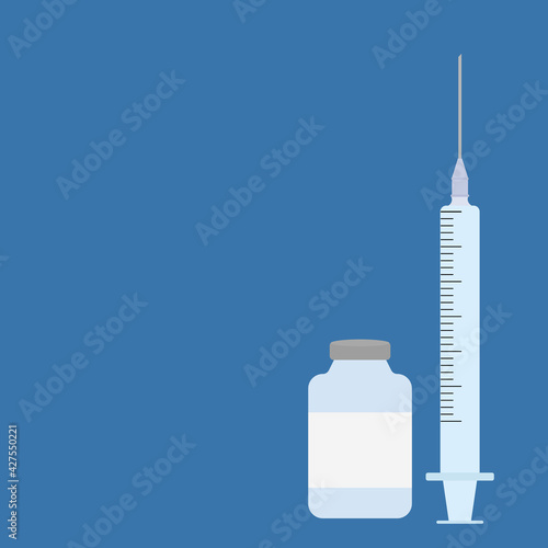 vaccine syringe and medicine serum on light blue background