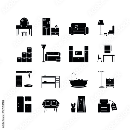Furniture store glyph icons set. Home furnishings. Interior design. Thin line customizable illustration. Contour symbol. Vector isolated outline drawing. Editable stroke