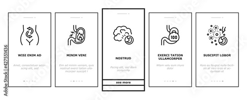Digestion Disease And Treatment Onboarding Mobile App Page Screen Vector. Digestion System And Gastrointestinal Tract, Examining And Consultation, Heartburn And Gassing Illustrations