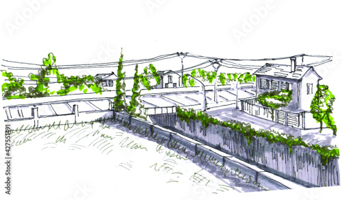 Hand drawn sketch of suburban area and railway passing by. Infrastructure and houses. Industrial zone with vegetation. 
