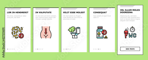 Digestion Disease And Treatment Onboarding Mobile App Page Screen Vector. Digestion System And Gastrointestinal Tract, Examining And Consultation, Heartburn And Gassing Illustrations