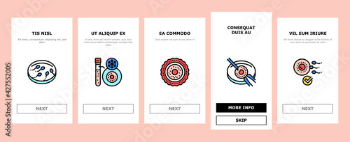 Fertilization Treat Onboarding Mobile App Page Screen Vector. Fertilization Help And Consultation, Analysis And Medicaments, Ovulation And Freezing Sperm Illustrations