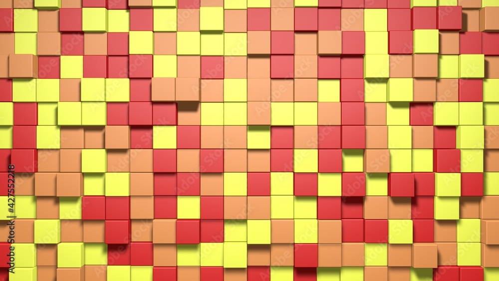 Red and yellow small box cube random geometric background. Abstract square pixel mosaic illustration. Land block background. Fantasy fractal design. Digital art. 3D rendering Red and yellow small box cube random geometric background. Abstract square pixel mosaic illustration. Land block background. Fantasy fractal design. Digital art. 3D rendering