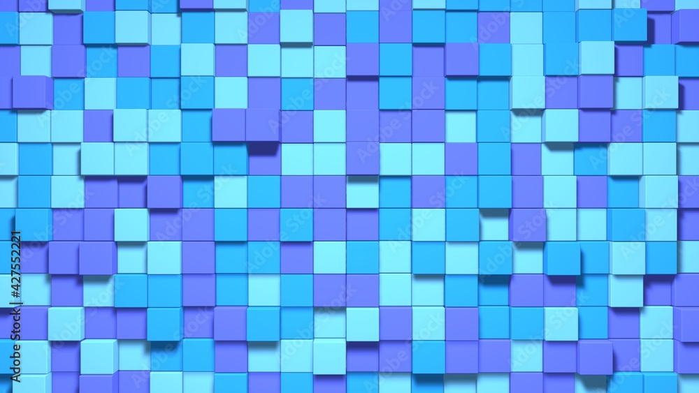 Blue purple small box cube random geometric background. Abstract square pixel mosaic illustration. Land block background. Fantasy fractal design. Digital art. 3D rendering