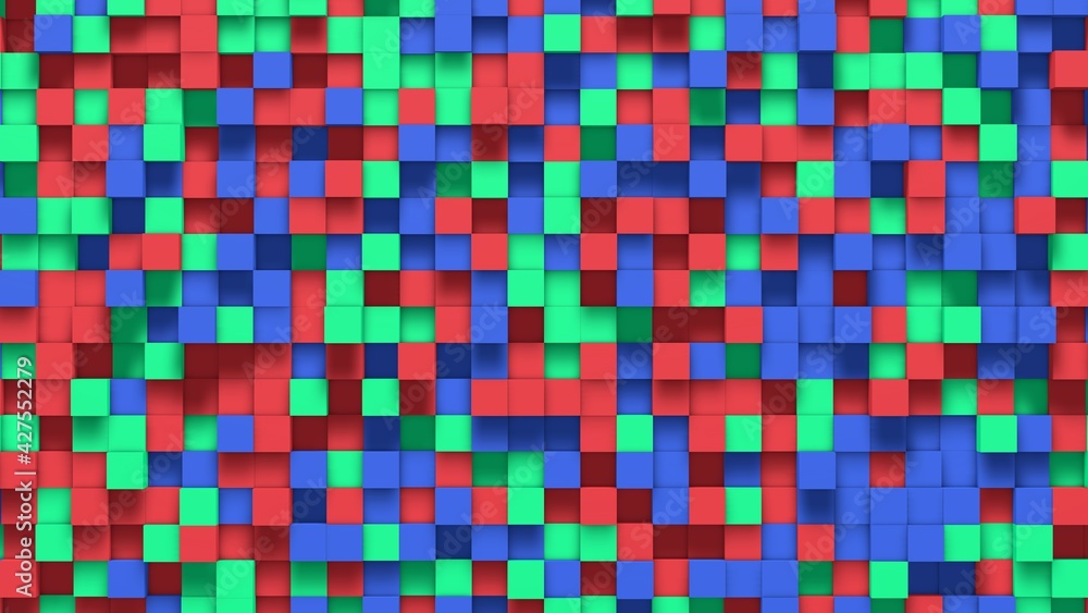 Multicolored small box cube random geometric background. Abstract square pixel mosaic illustration. Land block background. Fantasy fractal design. Digital art. 3d rendering Multicolored small box cube random geometric background. Abstract square pixel mosaic illustration. Land block background. Fantasy fractal design. Digital art. 3d rendering
