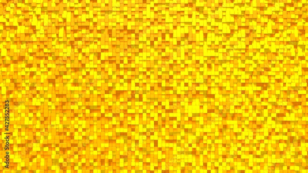 Orange yellow small box cube random geometric background. Abstract square pixel mosaic illustration. Land block background. Fantasy fractal design. Digital art. 3D rendering Orange yellow small box cube random geometric background. Abstract square pixel mosaic illustration. Land block background. Fantasy fractal design. Digital art. 3D rendering