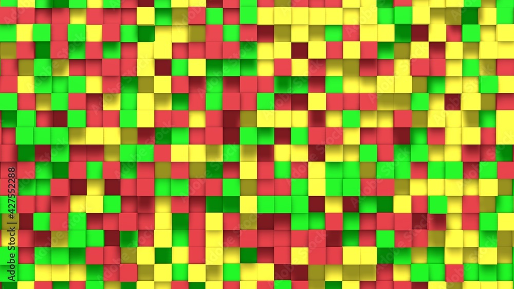 Green red yellow small box cube random geometric background. Abstract square pixel mosaic illustration. Land block background. Fantasy fractal design. Digital art. 3D rendering Green red yellow small box cube random geometric background. Abstract square pixel mosaic illustration. Land block background. Fantasy fractal design. Digital art. 3D rendering