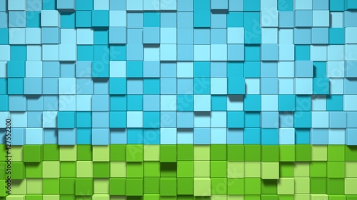 3D Abstract cubes. Video game geometric mosaic waves pattern. Construction of...