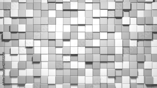 Grey small box cube random geometric background. Abstract square pixel mosaic illustration. Land block background. Fantasy fractal design. Digital art. 3D rendering