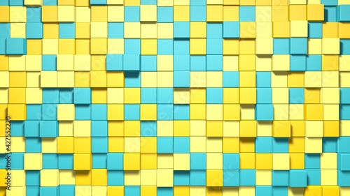 Yellow blue small box cube random geometric background. Abstract square pixel mosaic illustration. Land block background. Fantasy fractal design. Digital art. 3D rendering