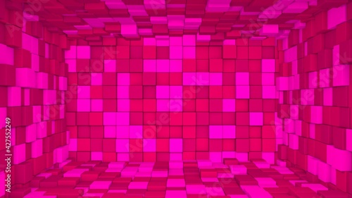Abstract room interior with pink cubes. Box cube random geometric background. Square pixel mosaic background. Land blocks. Mock-up for your design project. 3d rendering