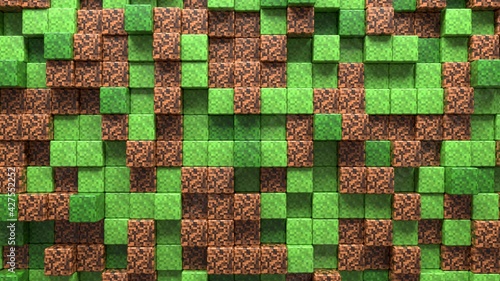 3D Abstract cubes. Video game geometric mosaic waves pattern. Construction of hills landscape using brown and green grass block. Concept of game minecraft