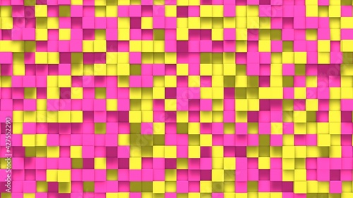 Yellow pink small box cube random geometric background. Abstract square pixel mosaic illustration. Land block background. Fantasy fractal design. Digital art. 3D rendering