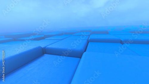 3D Abstract cubes. Video game geometric mosaic waves pattern. Construction of hills landscape using blue blocks and fog © MIKHAIL