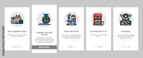 Metal Working Machine Onboarding Mobile App Page Screen Vector. Welding And Sandblasting Machine, Laser And Boring Apparatus Metal Work Industrial Equipment Illustrations