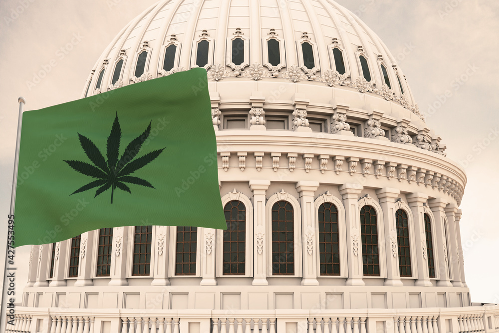 Beautiful flag of canabis, marijuana,weed , pot waving with the strong wind and behind it the dome of the Capitol USA United States of America 3D RENDER, 3D RENDERING.