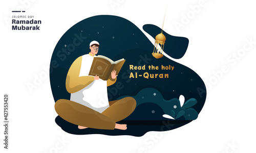 Happy Ramadan greetings background with a Muslim read holy Quran