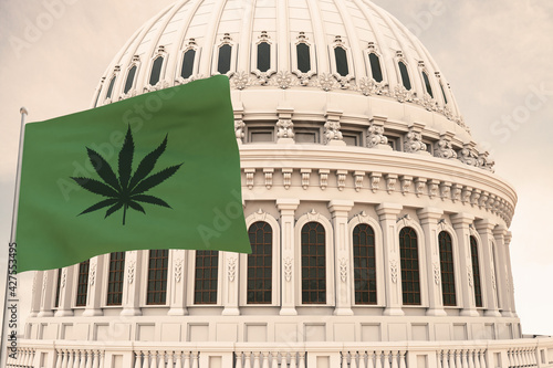 Beautiful flag of canabis, marijuana,weed , pot waving with the strong wind and behind it the dome of the Capitol USA United States of America 3D RENDER, 3D RENDERING.