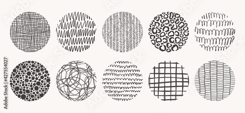 Set of circle hand drawn patterns. Vector textures made with ink, pencil, brush. Geometric doodle shapes of spots, dots, circles, strokes, stripes, lines. Template for social media, posters, prints.