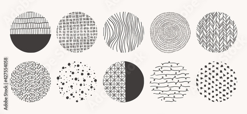 Geometric doodle shapes of spots, dots, circles, strokes, stripes, lines. Set of circle hand drawn patterns. Vector textures made with ink, pencil, brush. Template for social media, posters, prints.