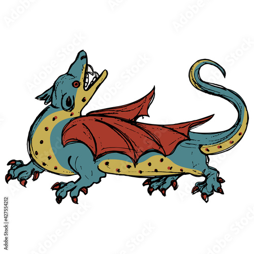 Fantastic winged medieval dragon. Hand drawn colorful rough sketch.