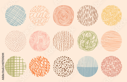 Vector trendy color circle textures made with ink, pencil, brush. Set of hand drawn patterns. Geometric doodle shapes of spots, dots, strokes, stripes, lines. Template for social media or posters.