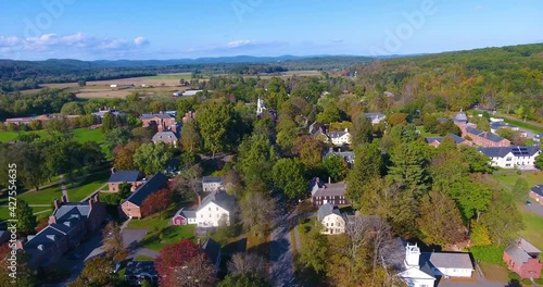 Aerial view of Deerfield village Old Main Street in fall in town center of Deerfield, Massachusetts MA, USA.  photo
