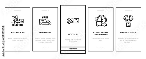 Free Shipping Service Onboarding Mobile App Page Screen Vector. Delivery Boy And Truck, Aircraft Worldwide Free Shipping And Warehouse Storage Illustrations