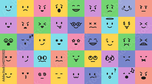 Cartoon color squares emoji set. Vector colors emoticon collection isolated on white. World emoji day. Mood and facial smiles. Funny  angry  happy and sad faces web icons for message.