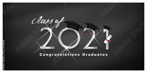 Silver design for graduation. Class of 2021. Congratulation event, T-shirt, logo, party, high school or college graduate. Lettering for greeting, invitation card invitation etc. Vector illustration