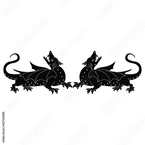 Symmetrical design with two fantastic winged medieval dragons. Black and white silhouette.