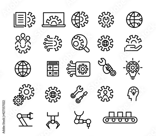 Engineering, development and innovation icon set vector illustration in outline design. Symbol, clip art lines, black and white.