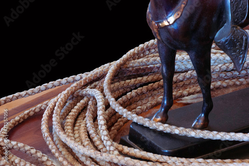 Isolated closeup of lariat rope in circles next to the forelegs of a horse statue.