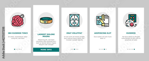 Spa Cosmetics Beauty Onboarding Mobile App Page Screen Vector. Spa Cosmetics And Accessories, Mask And Aqua Bomb, Special Gloves And Brush Illustrations