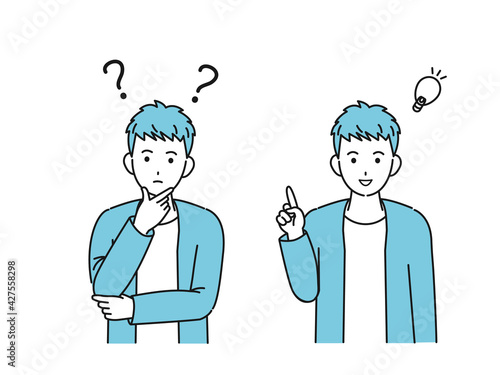 若い男性　疑問　考える　閃く　上半身　イラスト素材
