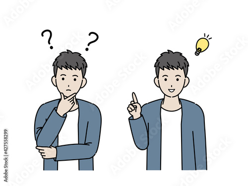 若い男性　疑問　考える　閃く　上半身　イラスト素材