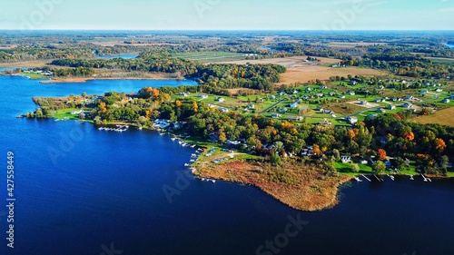 aerial view of the lake and city