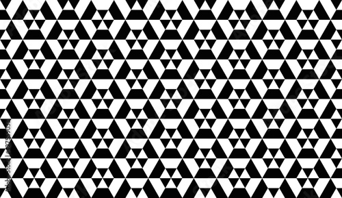 Patrón geométrico de trapecios y triángulos blancos con efecto negativo de formas idénticas en color negro