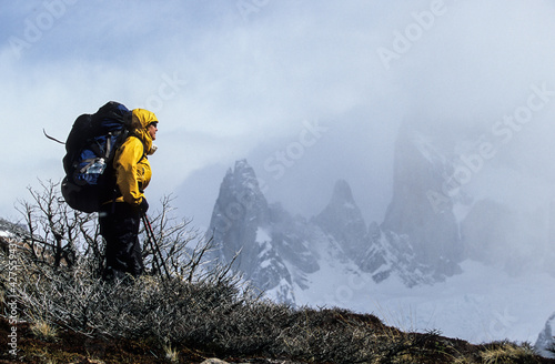 A female hiker in the mountains, Patagonia, Argentina